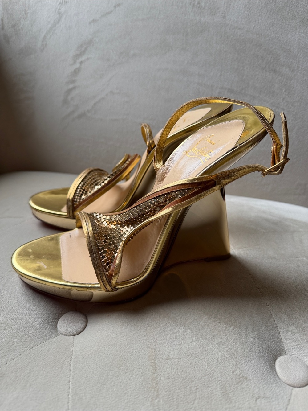 Christian Louboutin gold Wedge Slingback Sandals